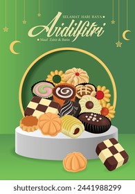 Hari Raya Aidilfitri background design with Kuih Raya. Malay means Fasting day celebration, I seek forgiveness, physically and spiritually.