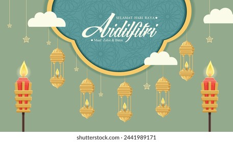 Hari Raya Aidilfitri background design with Oil Lamp. Malay means Fasting day celebration, I seek forgiveness, physically and spiritually.