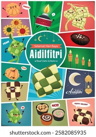 Hari Raya Aidilfitri background design with ketupat, lantern, moon. Malay means Fasting day celebration, I seek forgiveness, physically and spiritually.