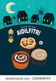 Hari Raya Aidilfitri background design with kuih raya. translation: Fasting day celebration, I seek forgiveness, physically and spiritually.