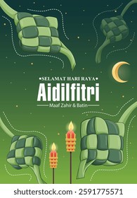 Hari Raya Aidilfitri background design with ketupat. Translation:  Fasting day celebration, I seek forgiveness, physically and spiritually.