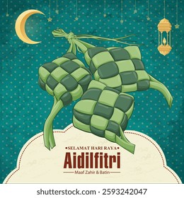 Hari Raya Aidilfitri background design with ketupat. Translation: Fasting day celebration, I seek forgiveness, physically and spiritually.