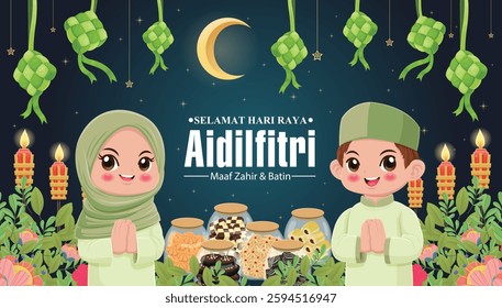 Hari Raya Aidilfitri background design with ketupat. Malay means Fasting day celebration, I seek forgiveness, physically and spiritually.