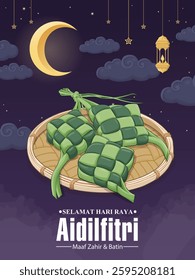 Hari Raya Aidilfitri background design with ketupat. Translation: Fasting day celebration, I seek forgiveness, physically and spiritually.