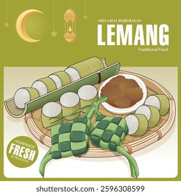 Hari Raya Aidilfitri background design with ketupat, lemang. Translation: Fasting day celebration, I seek forgiveness, physically and spiritually, Lemang means tradisional food for Hari Raya.