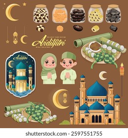 Hari Raya Aidilfitri background design with ketupat, lemang. Malay means Fasting day celebration, I seek forgiveness, physically and spiritually.