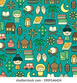 Hari Raya Aidilfitri festival background illustration with colourful flat traditional malay icon elements.