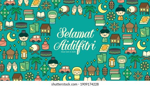 Hari Raya Aidilfitri festival banner illustration with colourful flat traditional malay icon elements. (Translation: Happy Fasting Day)