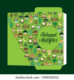 Hari Raya Aidilfitri festival green packet template design with colourful flat traditional malay icon elements. (Translation: Happy Fasting Day)