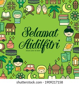 Hari Raya Aidilfitri festival greeting card with colourful flat traditional malay icon elements. (Translation: Happy Fasting Day)