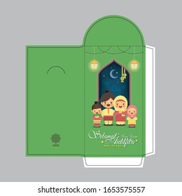 Hari Raya Aidilfitri green packet template design. Cartoon muslim family with ketupat, kampung house, fanoos lantern & window frame in flat vector illustration. (caption: Happy Fasting Day)