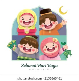 Hari Raya Aidilfitri greeting card with cute Muslim boys and girls celebrating Raya festival. Malay translation: Happy Hari Raya and May you forgive us.