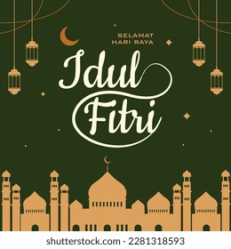 Hari Raya Aidilfitri greeting card template design. Decorative mosque on green background. (translation: Fasting Day of Celebration)