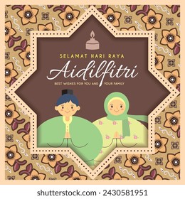 Tarjeta de felicitación de Hari Raya Aidilfitri. Dibujo animado niño y niña musulmana con fondo de patrón de flora batik. (texto: Celebración del Día de Ayuno)