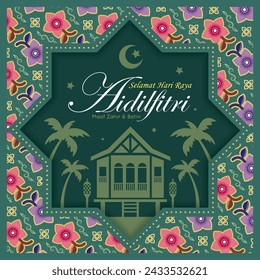 Tarjeta de felicitación de Hari Raya Aidilfitri con marco geométrico. Casa kampung malaya con fondo de diseño de patrón de flora de batik verde. Ilustración plana de celebración musulmana. (texto: Celebración del día de ayuno)