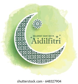 Diseño de la plantilla de la tarjeta de felicitación Hari Raya Aidilfitri. Luna de media luna decorativa y estrella sobre fondo de color verde agua. Ilustración vectorial. (traducción: Día de celebración del ayuno)