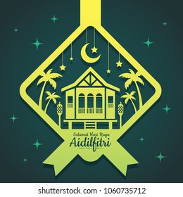 Hari Raya Aidilfitri greeting template. Vector traditional malay wooden house with oil lamp & coconut trees in ketupat shape of paper cut style. (translation: Happy Fasting Day)