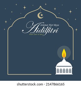 Hari Raya Aidilfitri greeting template or copy space. Pelita oil lamp with islamic frame on blue background. (text: Fasting Day celebration)