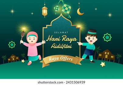 Hari Raya Aidilfitri illustration with 2 happy cute Muslim characters celebrating and traditional malay village house. Suitable for raya and ramadan template concept.