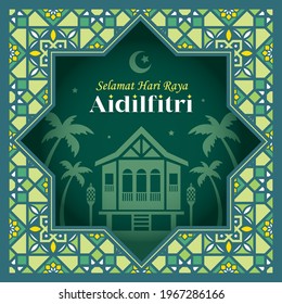 Hari Raya Aidilfitri paper art greeting card. Malay kampung house with modern islamic or arabic pattern design. Geometrical morocco motif background. (translation: Fasting celebration)