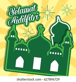 Hari Raya Aidilfitri vector illustration with traditional malay mosque. Caption: Fasting Day of Celebration