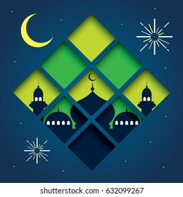 Hari Raya Aidilfitri vector illustration with traditional malay mosque. 