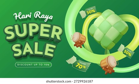 Hari Raya Eid 2026 Super Venta Anuncio con Ketupat y Bedug Ilustración. Hari Raya Traducción Eid al Fitr