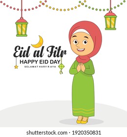Hari Raya Eid Day greeting card with Woman Muslim