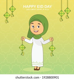 Hari Raya Eid Day Frohe muslimische Frau und Ketupat oder Reis dummen