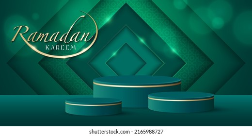 Hari Raya festival with Islamic graphic elements and round stage podium. Malay word "ramadan kareem" means Ramadan the Generous Month.