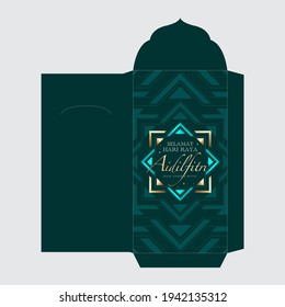 Diseño de plantillas de paquetes festivos de Hari Raya. Palabra malaya "selamat hari raya aidilfitri y maaf zahir dan batin" que se traduce como desearte un feliz hari raya y que nos perdones