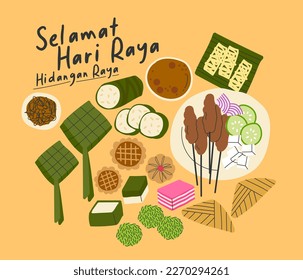 Hari Raya goodies illustration, vector with malay words that mean 'happy Raya' and 'Raya food'