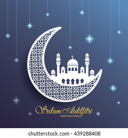 Hari Raya greeting card with decorative crescent moon and mosque on starry blue background. Vector illustration. (caption: Fasting Day of Celebration, I seek forgiveness, physically and spiritually)