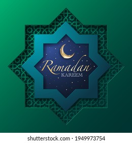 Hari Raya greeting card template with islamic graphic elements and decorative crescent moon. Ramadan Kareem means Ramadan the Generous Month.