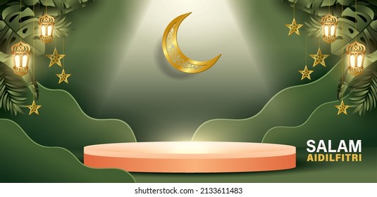 Hari Raya Greeting Product Display Background With Stars Decoration And Podium. The Malay Translation: Happy Hari Raya