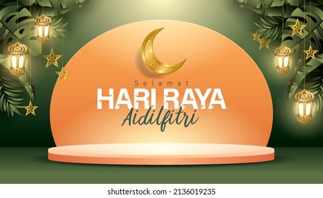 Hari Raya Greeting Product Display Background With Stars Decoration And Podium. The Malay Translation: Happy Hari Raya