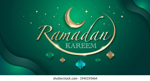 Hari Raya greeting template with contemporary islamic graphic elements and decorative crescent moon. Ramadan Kareem means Ramadan the Generous Month.