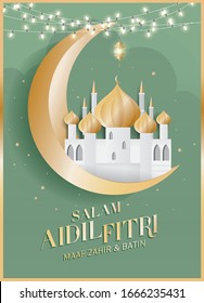 Hari Raya greetings design template vector/illustration with malay words that mean 'blessed aidilfitri' , 'i seek forgiveness'
