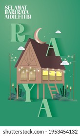 Hari raya saluda la plantilla de diseño de la escena de un pueblo kampungvillage con palabras malasias que significan 'Feliz Hari Raya Aidilfitri'