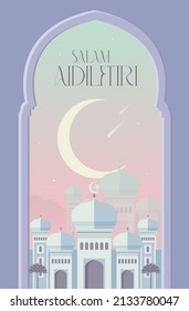 Hari raya greetings design template with mosque and malay words that mean 'blessed aidilfitri'