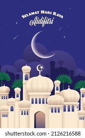 Hari Raya greetings with mosque design template with malay words that mean 'blessed aidilfitri'
