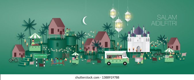 hari raya greetings template vector/illustration with malay words that mean 'blessed aidilfitri' and 'celebrate raya at home'