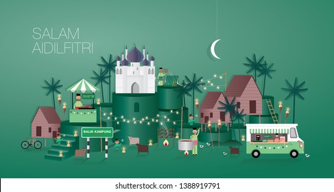 hari raya greetings template vector/illustration with malay words that mean 'blessed aidilfitri' and 'celebrate raya at home'