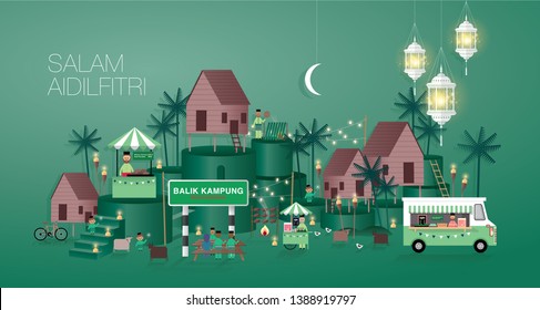 hari raya greetings template vector/illustration with malay words that mean 'blessed aidilfitri' and 'celebrate raya at home'