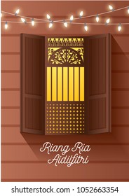 Hari Raya Greetings With Traditional Malay Wooden Kampung House Window Vector/illustration With Malay Words That Mean 'jolly Aidilfitri'