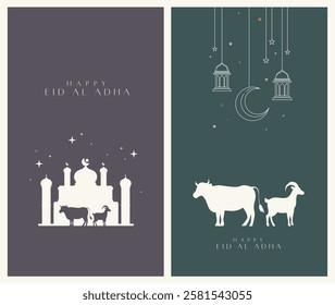 Hari Raya Idul Adha  Aidilfitri poster template set ketupat, pelita oil lamp, masjid silhouette, and festive motifs. Perfect for Muslim holiday greeting cards, invitations, and social media