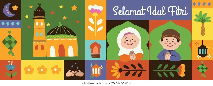 Hari Raya idul Fitri Eid Mubarak in geometric style with cute characters