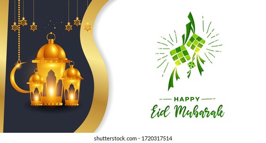 Hari Raya Idul Fitri greeting card template design. Eid mubarak greeting card, poster, banner or invitations template design. Ketupat on vector background.