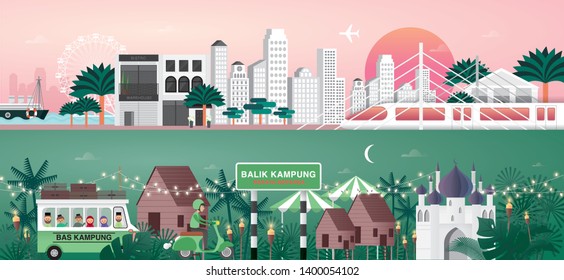 hari raya journey home greetings template vector/illustration with malay words that mean 'going home to celebrate raya', 'village bus'