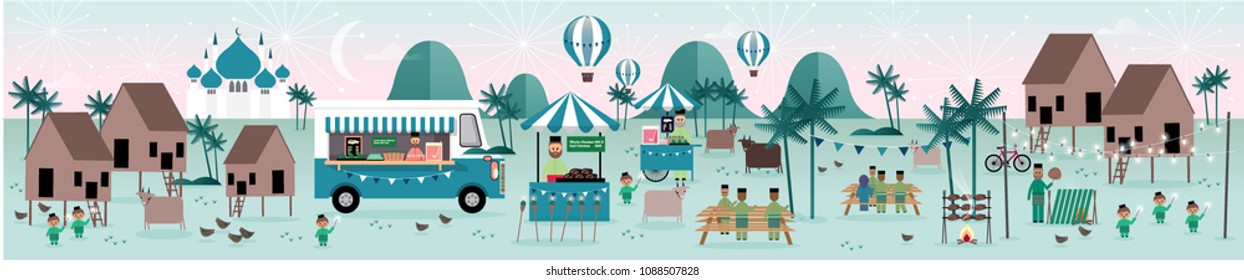 Hari Raya Kampung Scene Greetings Template Vector/illustration With Malay Words That Mean 'jolly Aidilfitri'